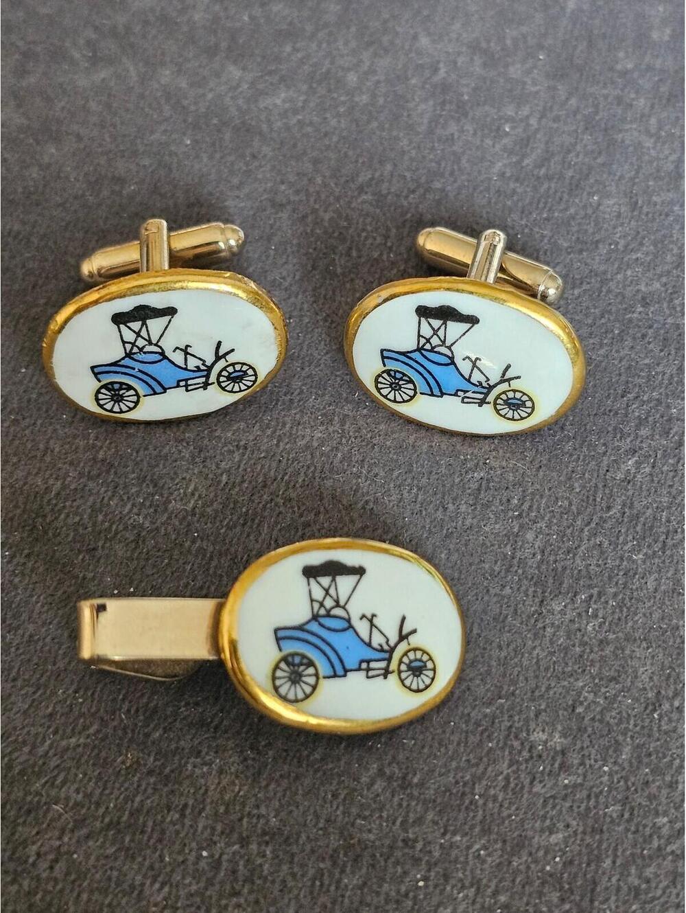 Vintage Car Cuff Links And Tie Clip